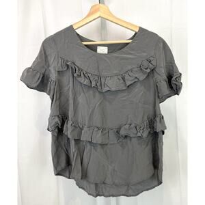 HD in PARIS Size M  Anthropologie Silk Ruffle Top Short Sleeve Gray